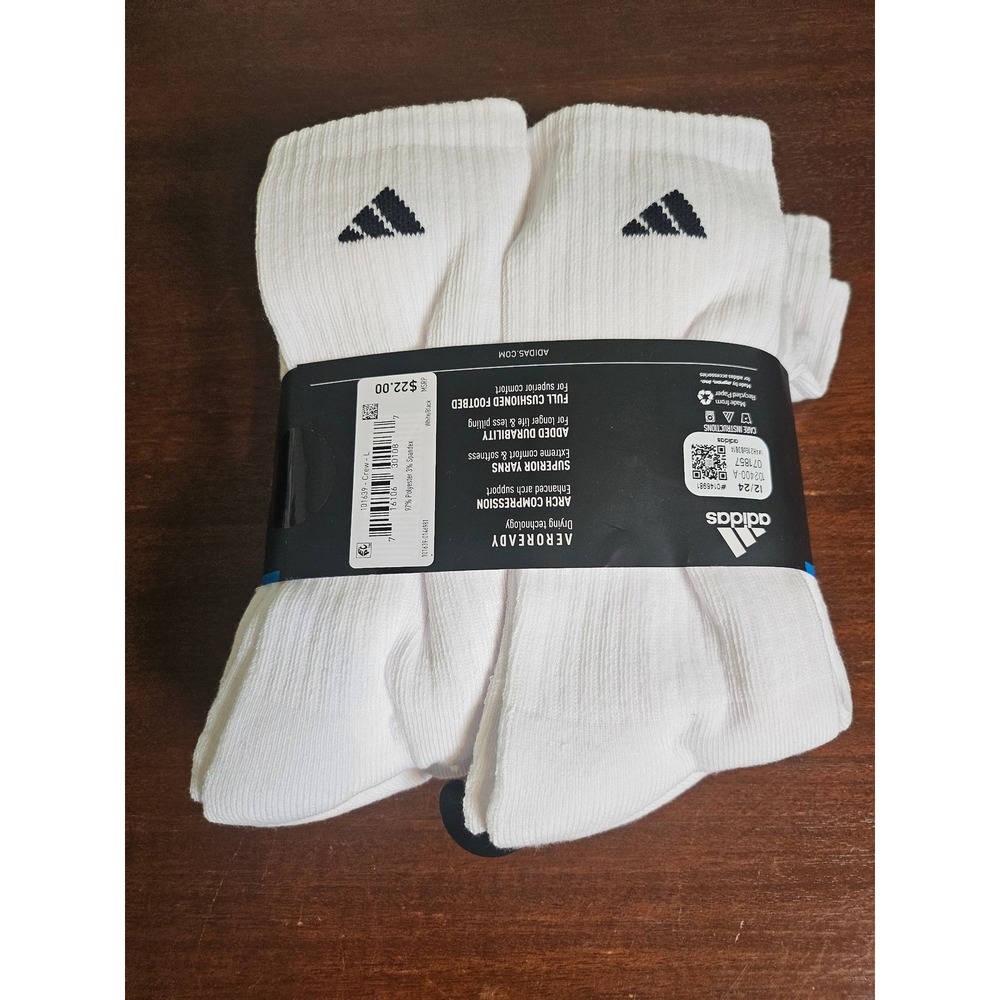 Adidas Crew Socks Men 6-12 White Cushioned Aeroready 6 Pair Pack 101639